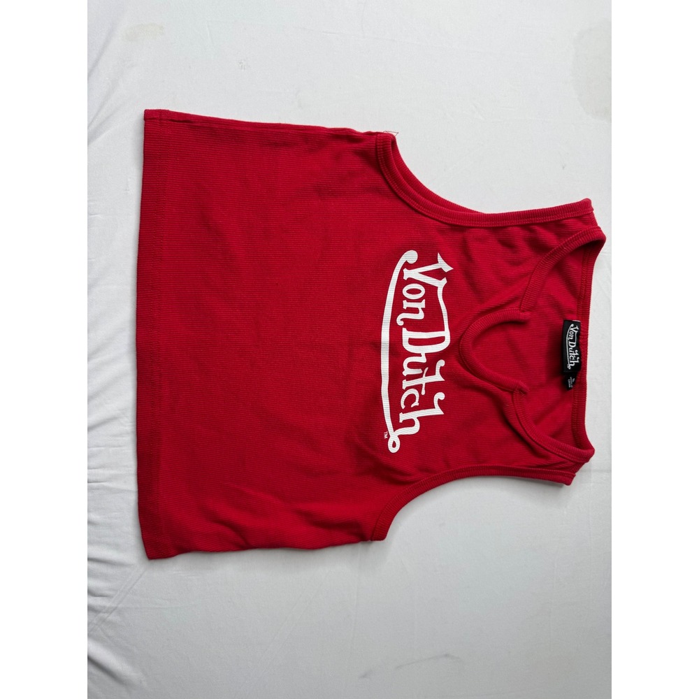 Von Dutch Red Ribbed Knit Crop Tank Top White Logo Y2K Streetwear Small